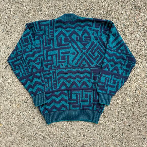 Vintage Nuovo New Forces Cardigan Teal / Navy Blue Knit Geometric Sweater - Picture 3 of 4